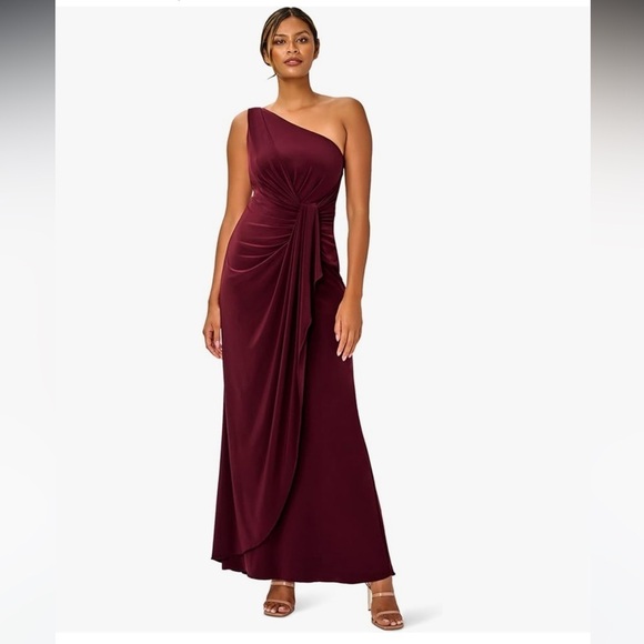 ADRIANNA PAPELL  RED WINE COLOR CODE AD604 SIZE 14 ONE SHOULDER JERSEY DRESS - Picture 1 of 15